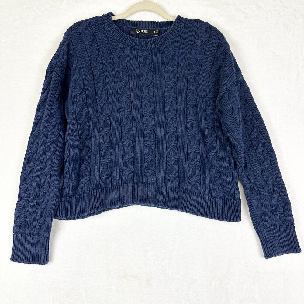 Lauren Ralph Lauren Cropped Cable Knit Sweater Size XL Navy Blue Cotton Classic